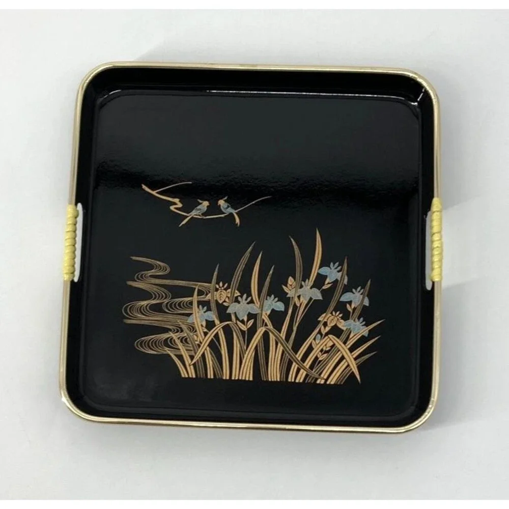 2 Set Vtg Toyo Japan Blue Iris Birds Black Lacquer Decorative Trays Gold Reeds